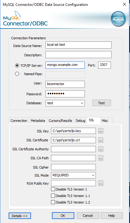 Screenshot of DSN config screen